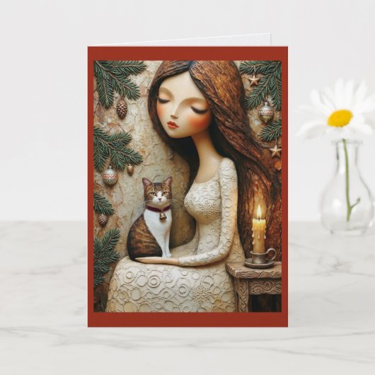 幻想的なクリスマスの猫と冬の乙女のアートカード カード (小さな植物)