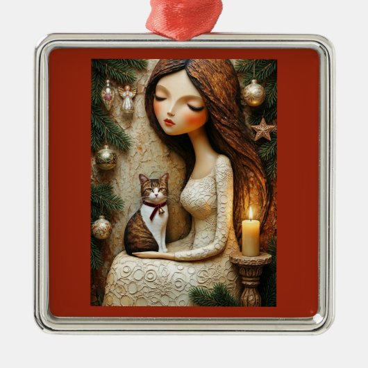 幻想的なクリスマスの猫と冬の乙女のオーナメント メタルオーナメント (正面)