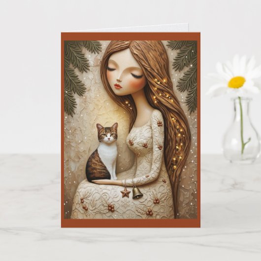 幻想的なクリスマスの猫と冬の乙女アートカード カード (小さな植物)
