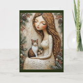 幻想的なクリスマスの猫と冬の乙女アート カード (正面)