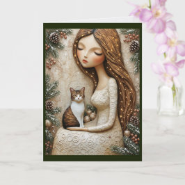 幻想的なクリスマスの猫と冬の乙女アート カード