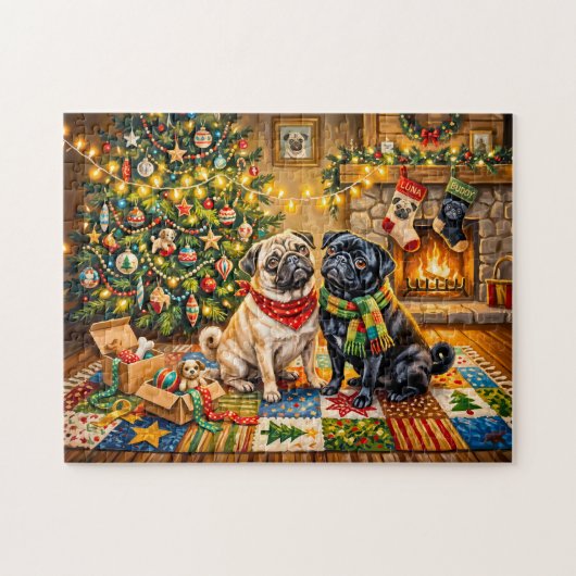 幻想的なクリスマスコテージモップス犬のイラスト ジグソーパズル (横)