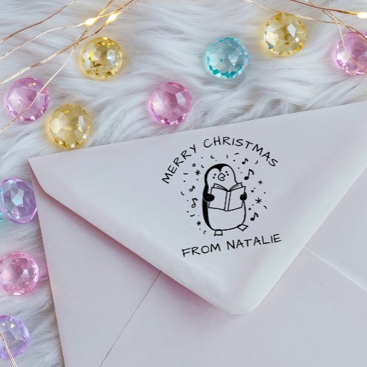 幻想的なクリスマスソングを歌うペンギンのメリークリスマス セルフインキングスタンプ