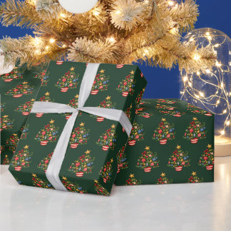 幻想的なクリスマスツリーの森の緑の包装 ラッピングペーパー