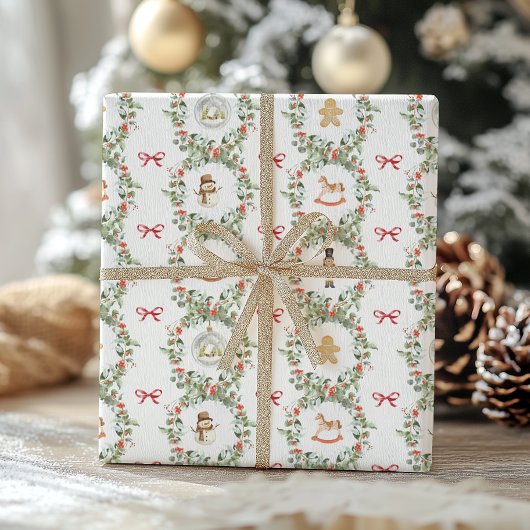 幻想的なクリスマスリースとおもちゃ ラッピングペーパー