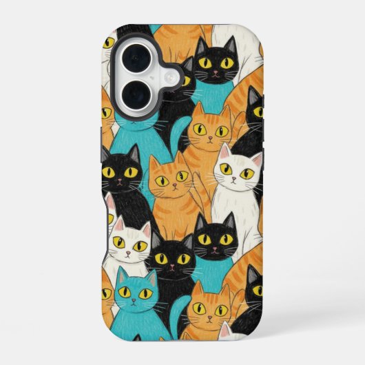 幻想的なクレヨンの猫の大群 iPhone 16ケース (裏面)