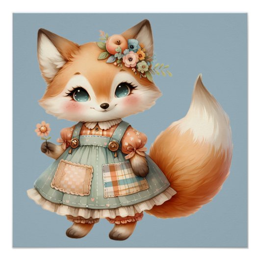 幻想的なコテージ風の花柄パステルカラーのキツネポスター ポスター (正面)