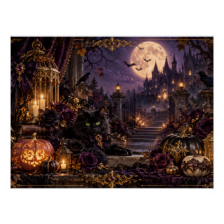 幻想的なゴシックハロウィン 黒猫と月夜のグロッシーポスター ポスター