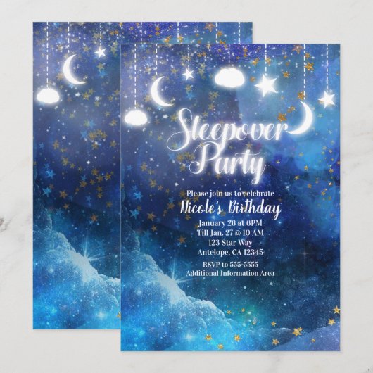 幻想的なゴールドスターが輝くパジャマパーティー 招待状 (正面/裏面)