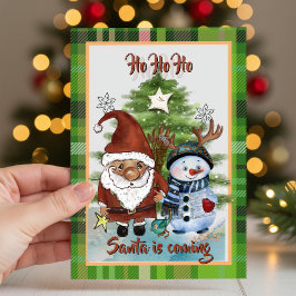 幻想的なサンタ、トナカイ、エルフのチェック柄クリスマスカード シーズンカード
