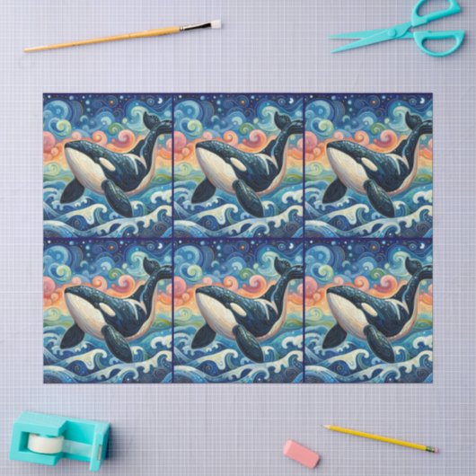 幻想的なシャチのクジラビーチ海岸デコパージュ 薄葉紙 (クラフト)