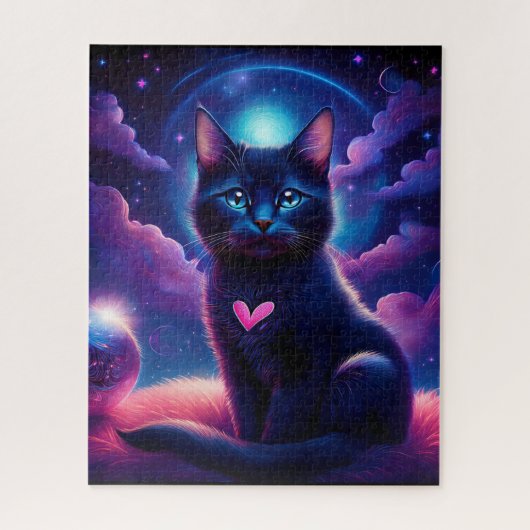 幻想的なシーン 黒猫 美しい青い瞳 ジグソーパズル (縦)