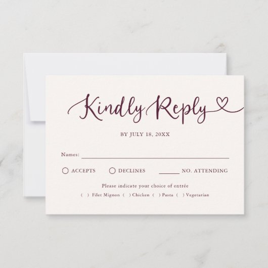幻想的なスクリプトハートの伝統的な結婚式RSVP 出欠カード (正面)