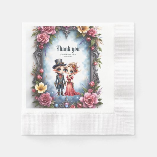幻想的なスチームパンクのエルフの結婚式 縁ありカクテルナプキン (正面)