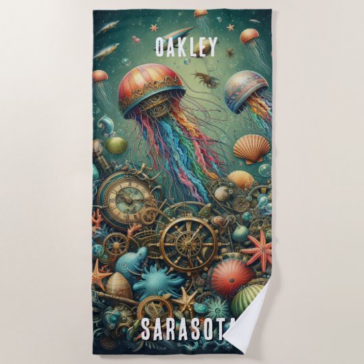 幻想的なスチームパンククラゲ ビーチタオル (正面)