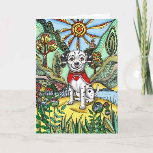 幻想的なゼンタングル柄の犬と太陽のアートグリーティング カード (正面)