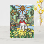 幻想的なゼンタングル柄の犬と太陽のアートグリーティング カード (黄色い花)