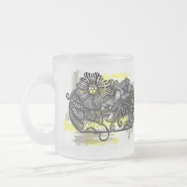幻想的なゼンタングル モノクロの花 黄色アクセント フロストグラスマグカップ
