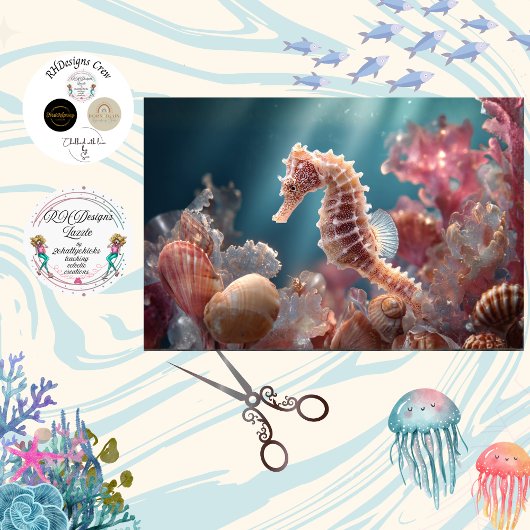 幻想的なタツノオトシゴのデコパージュ 水中世界  薄葉紙