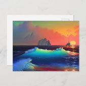 幻想的なターコイズの波、船、ピンクの夕日 ポストカード (正面/裏面)