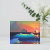 幻想的なターコイズの波、船、ピンクの夕焼け ポストカード (スタンド正面)