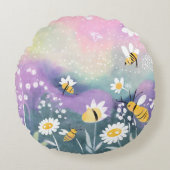 幻想的なダリアの花とハチの虹色の草原 ラウンドクッション (正面)