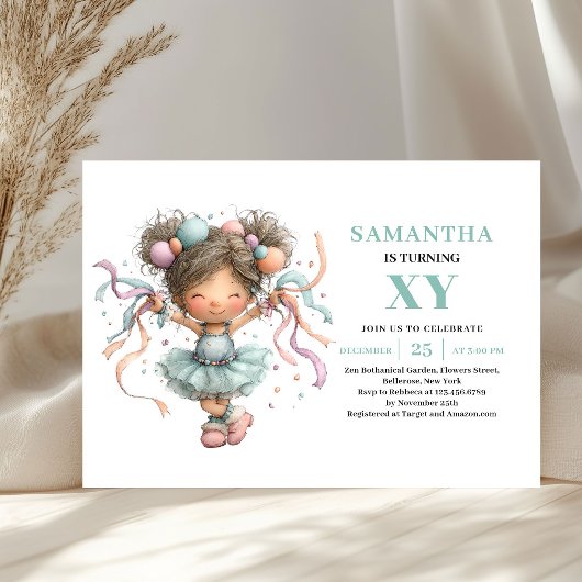 幻想的なチュチュの女の子 5歳の誕生日 紫色 緑色 かわいい 招待状