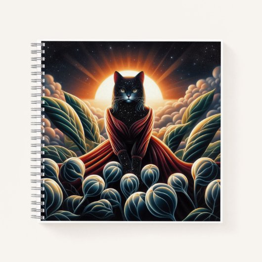 幻想的なデジタルアート:夜空の猫が囲まれた ノートブック (正面)