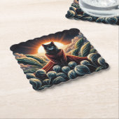 幻想的なデジタルアート：夜空の猫が囲まれた ペーパーコースター (アングル)