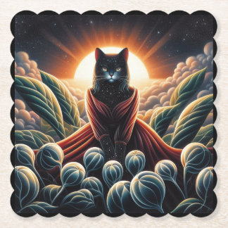 幻想的なデジタルアート:夜空の猫が囲まれた ペーパーコースター