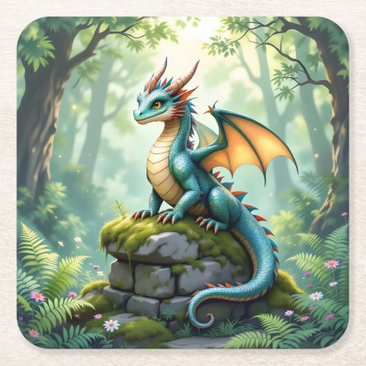 幻想的なドラゴンと古代の石 スクエアペーパーコースター (正面)
