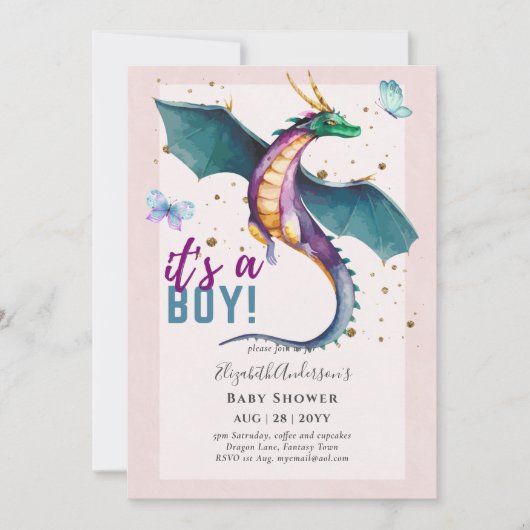 幻想的なドラゴンをテーマにした男の赤ちゃんシャワーリビール 招待状 (正面)