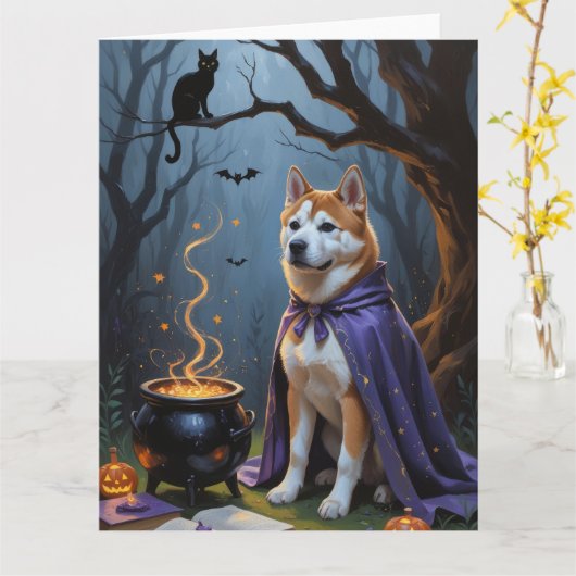幻想的なハロウィンの秋田犬の絵画 カード (黄色い花)
