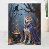 幻想的なハロウィンの秋田犬の絵画 カード (正面)