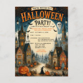 幻想的なハロウィンビレッジパーティーの招待状| ポストカード (正面)