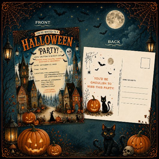 幻想的なハロウィンビレッジパーティーの招待状| ポストカード