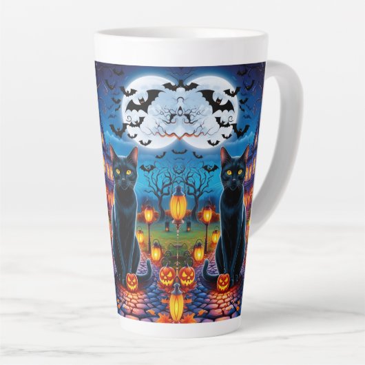 幻想的なハロウィーンの風景に登場する黒猫 カフェラテマグ (右アングル)