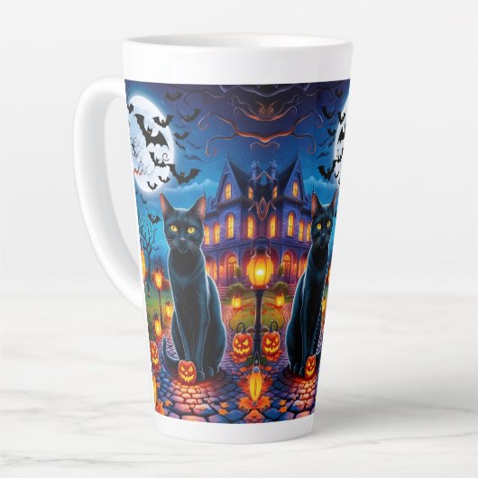 幻想的なハロウィーンの風景に登場する黒猫 カフェラテマグ (左アングル)