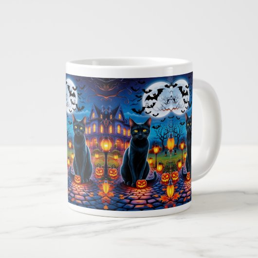 幻想的なハロウィーンの風景に登場する黒猫 ジャンボコーヒーマグカップ (正面右)
