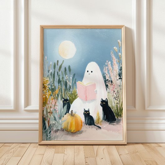 幻想的なハロウィーン本好きの幽霊と黒猫 ポスター