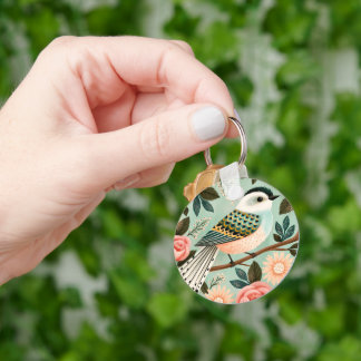 幻想的なバラの花 ヴィンテージ+フォーク+バード キーホルダー