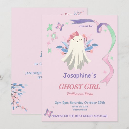 幻想的なパステルカラーの幽霊の女の子のハロウィンパーティー招待状 (正面/裏面)