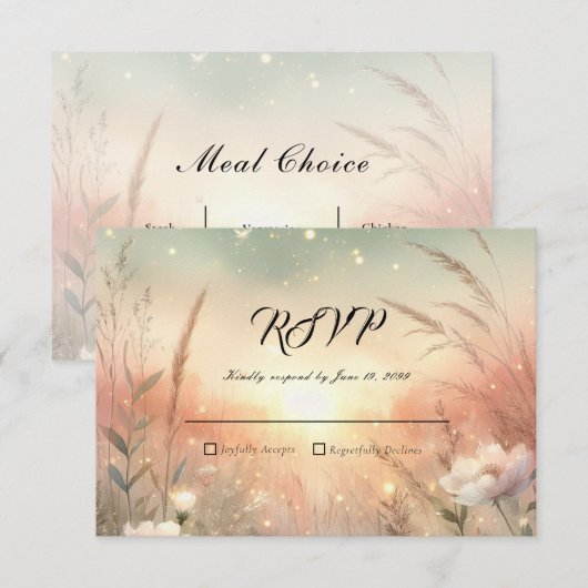 幻想的なパステルカラーの野の花の結婚式 出欠カード (正面/裏面)