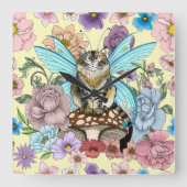 幻想的なパステルタビー妖精猫の花の幻想 スクエア壁時計 (正面)