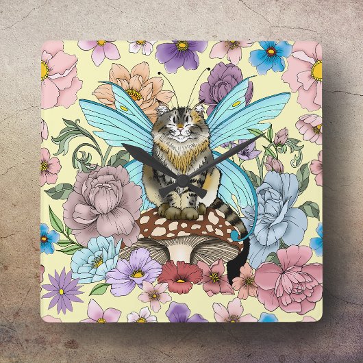 幻想的なパステルタビー妖精猫の花の幻想 スクエア壁時計