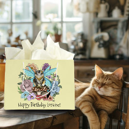 幻想的なパステルタビー妖精猫の花の幻想 ラージペーパーバッグ