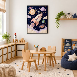 幻想的なパステル調の子供用宇宙探検ガールロケット ポスター