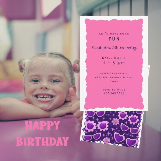 幻想的なパープルとピンクの5歳の誕生日パーティー 招待状