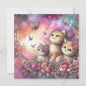 幻想的なピンクとパープルの水彩子猫バレンタイン シーズンカード (正面)