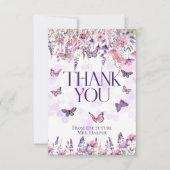 幻想的なピンクとパープルの蝶と野の花 サンキューカード (正面)